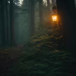 a lamp post standing on the side of a tree in the forest