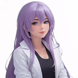 a girl with long purple hair and white blazer jacket