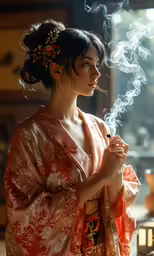 a beautiful woman smoking while dressed in an oriental kimono