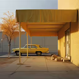 a yellow car is parked outside a building,an old yellow car sitting in the shade under a tent