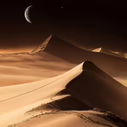 some very tall dunes in the desert with a half moon