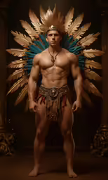a man standing in front of a doorway wearing a gold costume and gold wings