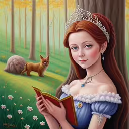princess aurora and her beast by her woodland adventure,a painting of a young girl in a forest reading a book
