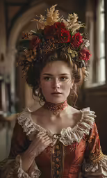 a woman dressed in period clothing is posing