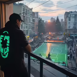 a man in a hat looks over a balcony at an outdoor basketball court