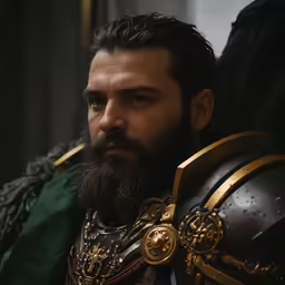 bearded man with long hair and a long beard wearing armor