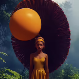 a girl holding two large orange balls above her head