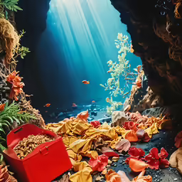 fish and corals are in an aquarium by the water