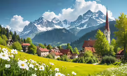 mountains and green grass surrounding small town in daylight