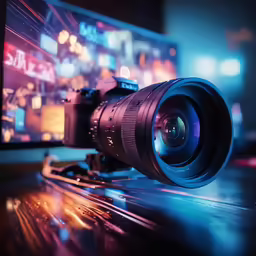 camera lens setting on top of a table, next to a computer screen