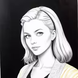 a black and white drawing of a woman with blond hair