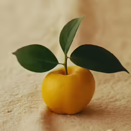 an orange has a green leaf in the middle