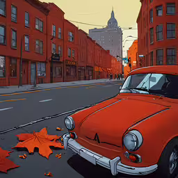 orange car parked in front of building with red maple leaves falling out of the windows,an orange and red car on the side of a road next to tall buildings