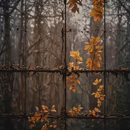 leaves with drops of water on them are hanging from bars