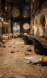 a dirty warehouse filled with assorted clocks and debris