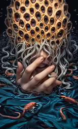 a woman with wavy nails and rings is wrapped in an abstract art form