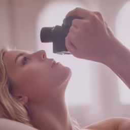 a woman holding a camera next to her face with one hand