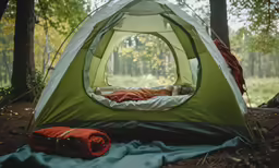 a tent with a sleeping bag inside of it in the woods