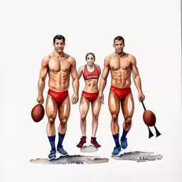 two men and one woman in red underwear holding basketball balls,this is three people walking in the same underwear with a football,an image of three men with balls,two men and a girl with no shirts on,three people in swimwear are walking and holding basketballs