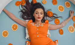 a woman lays in a bubble bath covered with oranges