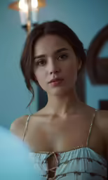 young woman wearing a strapless dress looking away from camera