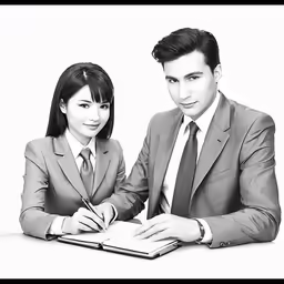 a black and white photo of two young people working together