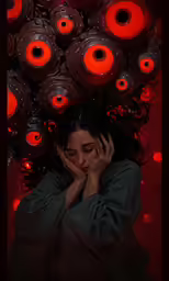 a woman is holding her face with red lights