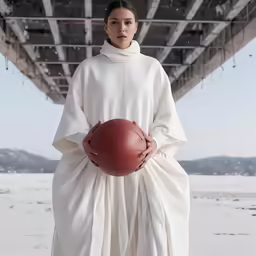 a woman standing under a roof with a football