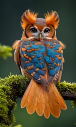 an orange and blue owl perched on a branch