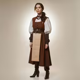 a woman in a brown dress holding a bag