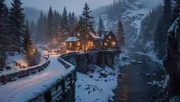 an elegant house surrounded by snow and mountains