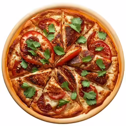 a cooked pizza that has been sliced into four pieces