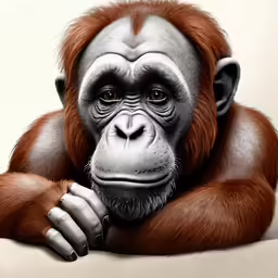 the image shows a chimpan with a collar and hands on his chin