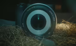 a black and silver camera is on straw