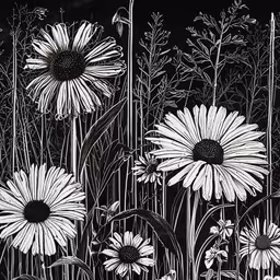 sunflowers and other plants in the wild,a field full of daisies with white flowers on a black background