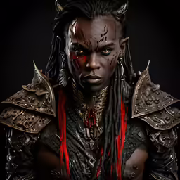 an african american woman dressed in armor and makeup