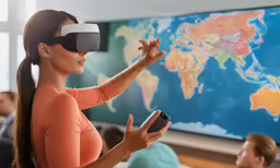 a beautiful young woman using a vr - view in a classroom