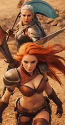 a woman with orange hair and armor on top of a dirt ground
