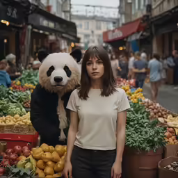 woman standing next to panda at an open air market