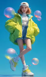 girl in green jacket and bubble balls standing by herself