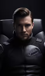 a male character sitting in a chair wearing a leather outfit