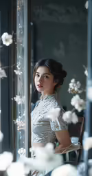 an image of a woman sitting next to a window
