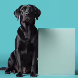 a black dog that is sitting behind a sign