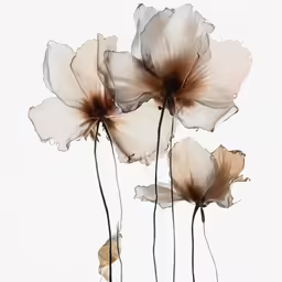 three white flowers, one has a brown center