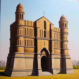 a painting of an old church on the side of a hill,a painting of a church in a large landscape