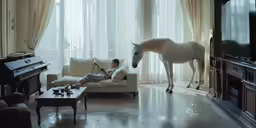 man sitting on sofa near horse in room