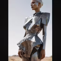 a woman with white hair wearing silver outfit