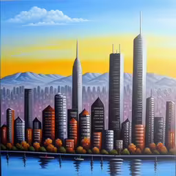 a painting of a city on a lake,a painting of a cityscape is on display,a painting of a city near the water,painting of city skyline by the water with mountains in the background,a painting of a city and lake