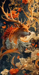 painting of a deer surrounded by foliage and orange flowers