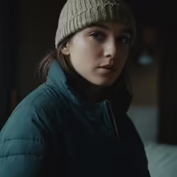 a woman in a green jacket and knitted cap is staring